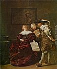 Famous Gentleman Paintings - The contract - A lady presenting a letter to a gentleman and an old lady studying another in an interior
